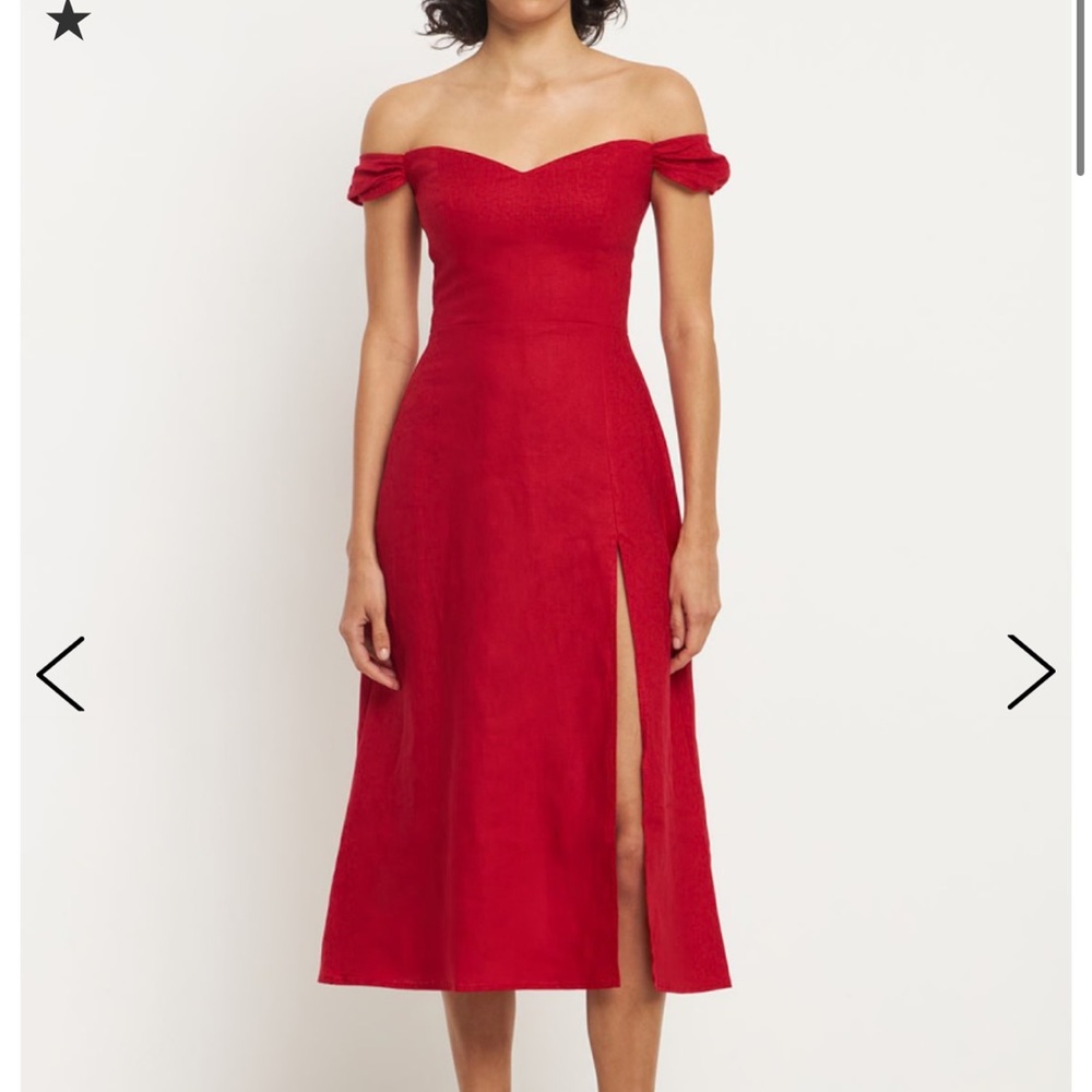 Reformation Bridgton off-the-shoulder Linen midi dress women